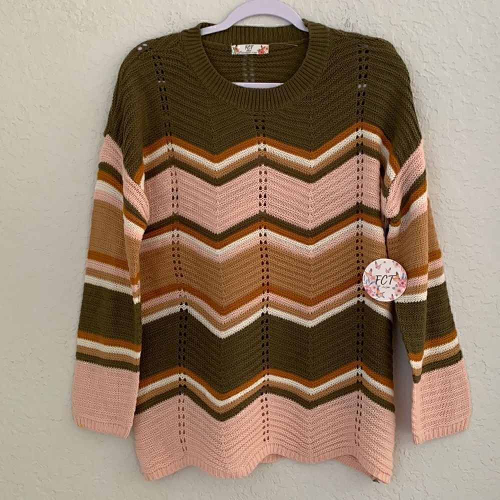 NWT FCT with Love Pink Tan Green Sweater Size XL